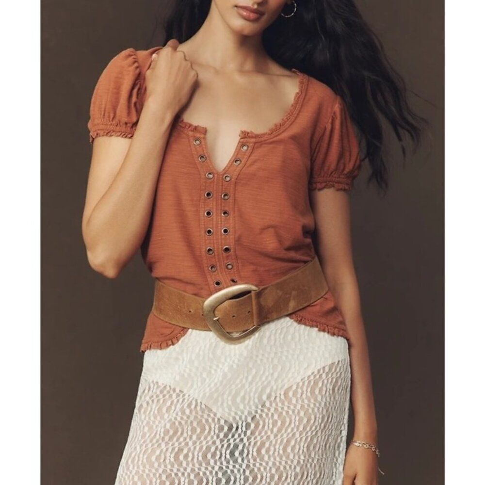 Anthropologie Pilcro Puff Sleeve Grommet Top XS Mango Cotton Boho Blouse Women